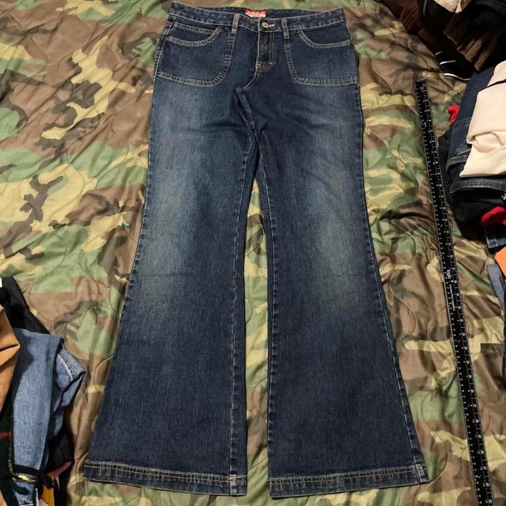 Union Bay carpenter flare jeans stretch vintage y2k contrast stitch women's 7/30